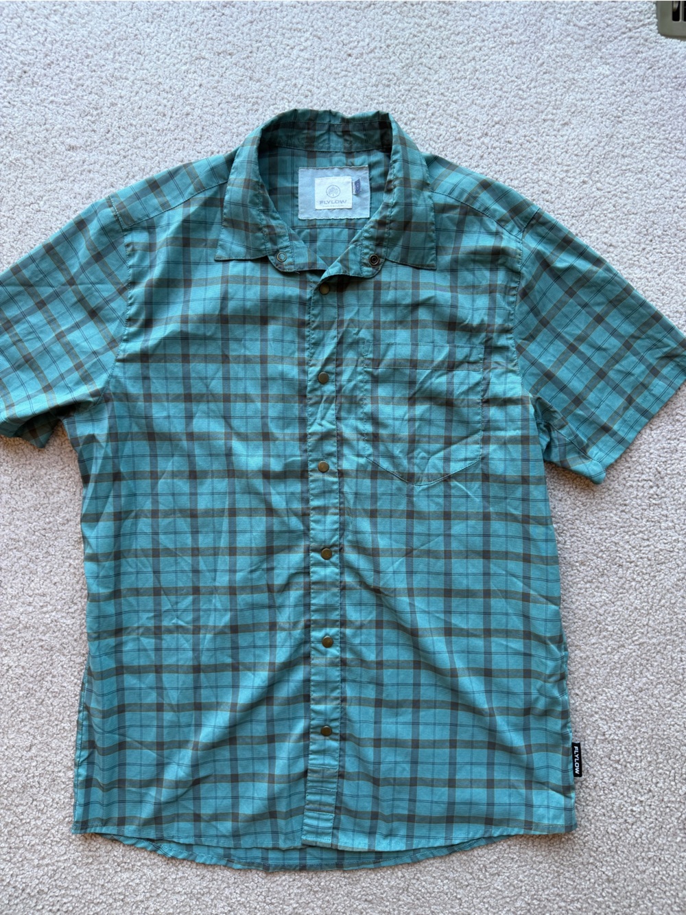Flylow Teal and Dark Plaid Short-Sleeve Button-Up Shirt